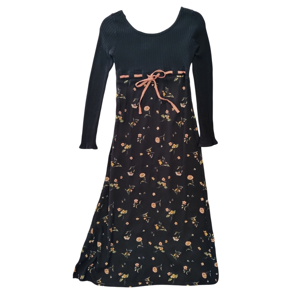 Vtg 90s Fairy Grunge Maxi Dress Black Floral Medium*/Small? Waist 27" Decked Out